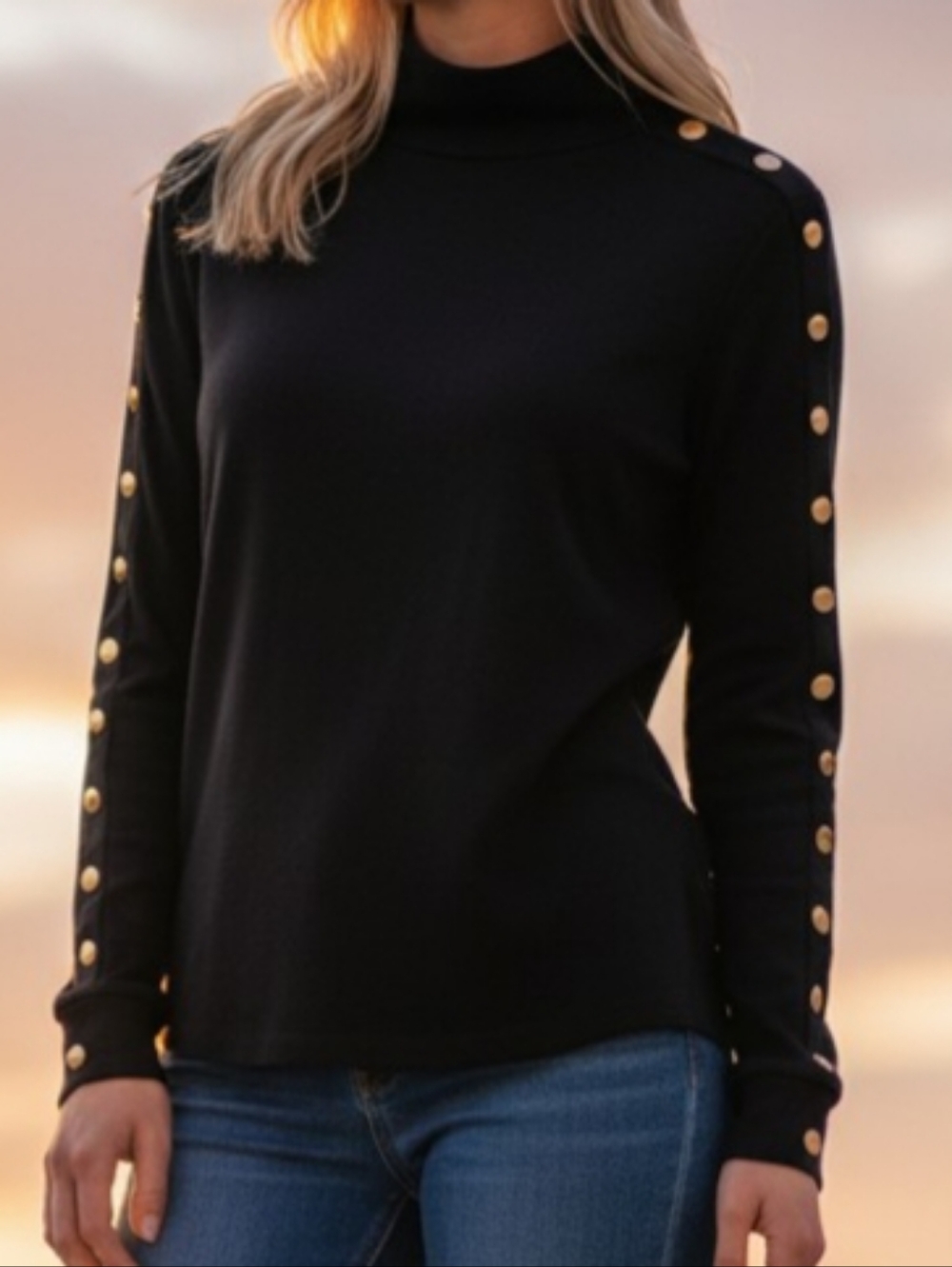 Women's Black Long-Sleeve Mock Neck Top with Gold Button Detail